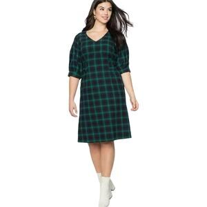 Eloquii Cotton Flannel Green Navy Plaid Tie Back Office Casual Fall Winter Dress